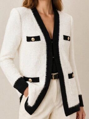 L’AGENCE Elin Cardigan White Black Contrast Knit Jacket